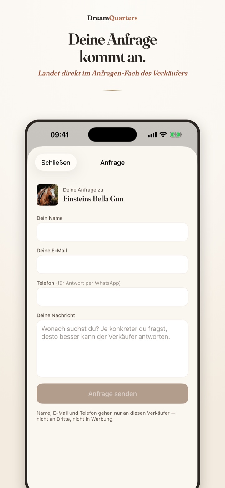 Anfrage-Formular in der Dream Quarters App