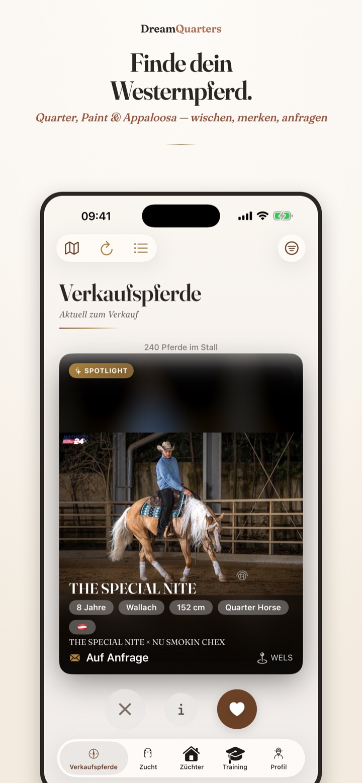 Dream Quarters App — Verkaufspferde als Swipe-Karten