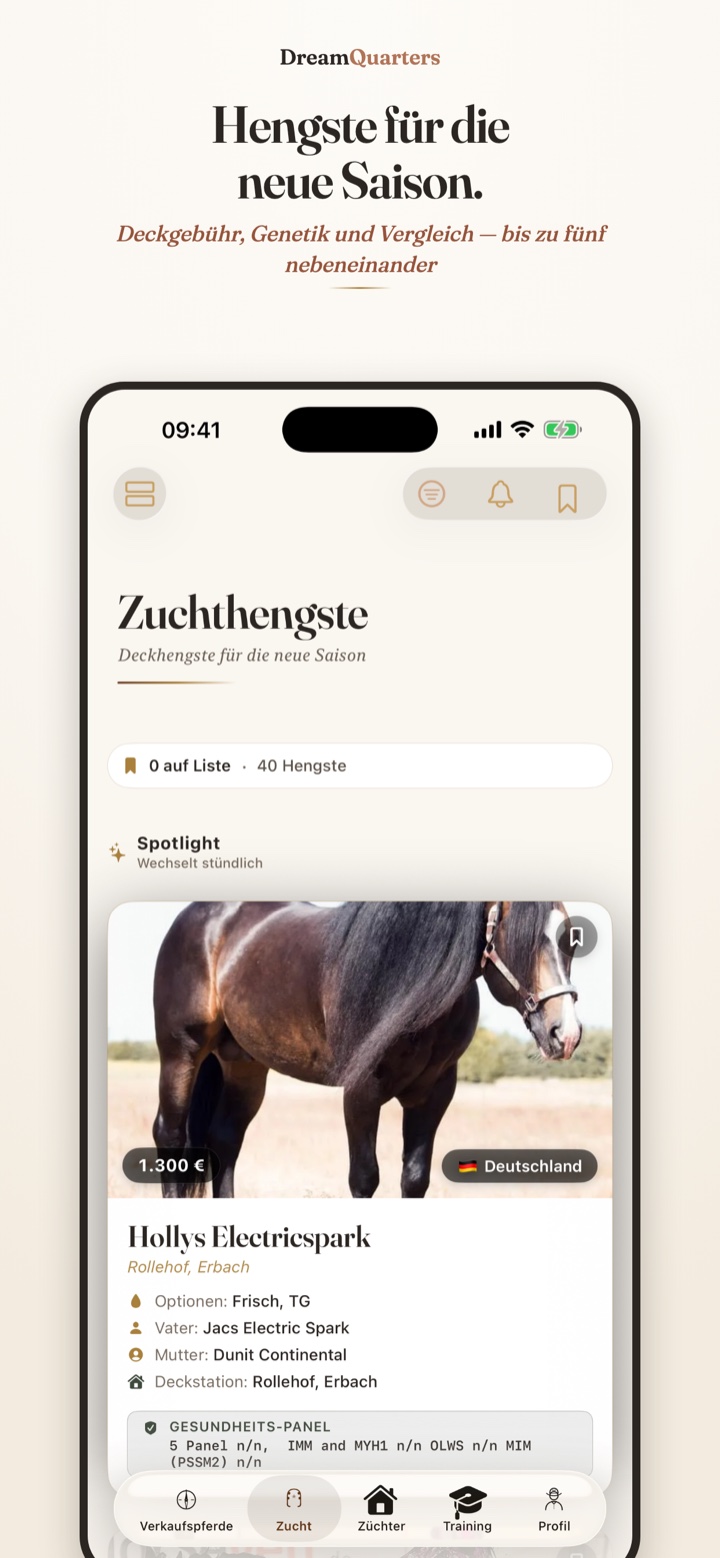Deckhengst-Übersicht in der Dream Quarters App