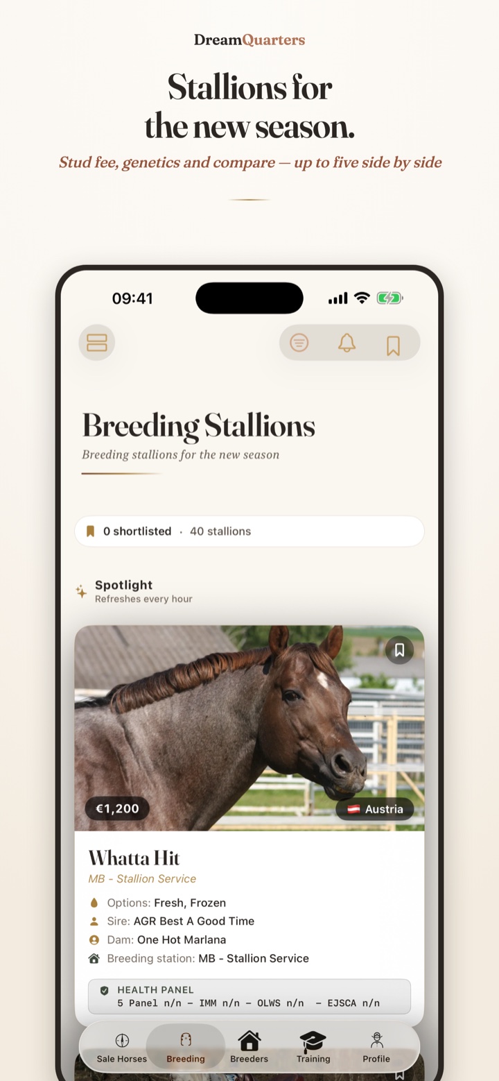 Elenco stalloni nell'app Dream Quarters