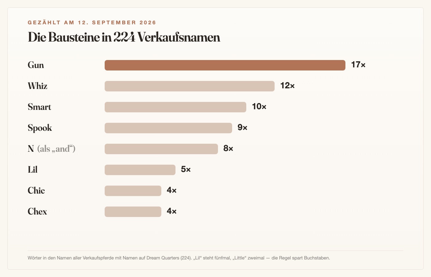 Balkendiagramm: Die häufigsten Bausteine in 224 Verkaufsnamen auf Dream Quarters – Gun 17-mal, Whiz 12-mal, Smart 10-mal, Spook 9-mal, N als and 8-mal, Lil 5-mal, Chic und Chex je 4-mal