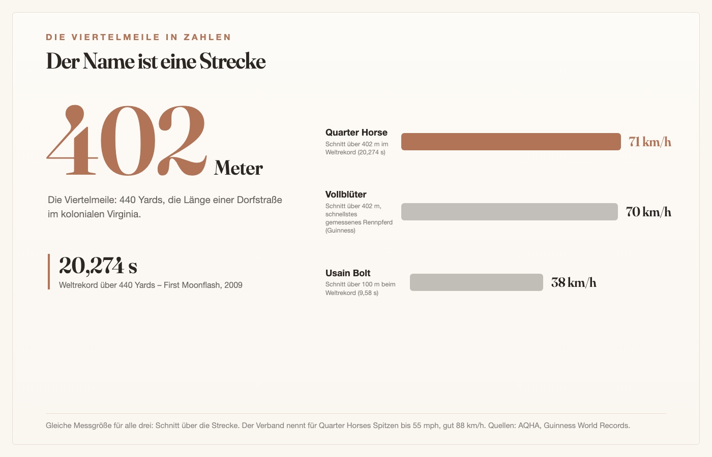 Die Viertelmeile in Zahlen: 402 Meter, Weltrekord 20,274 Sekunden von First Moonflash 2009, Spitzengeschwindigkeit 88 km/h im Vergleich zu Vollblüter und Usain Bolt