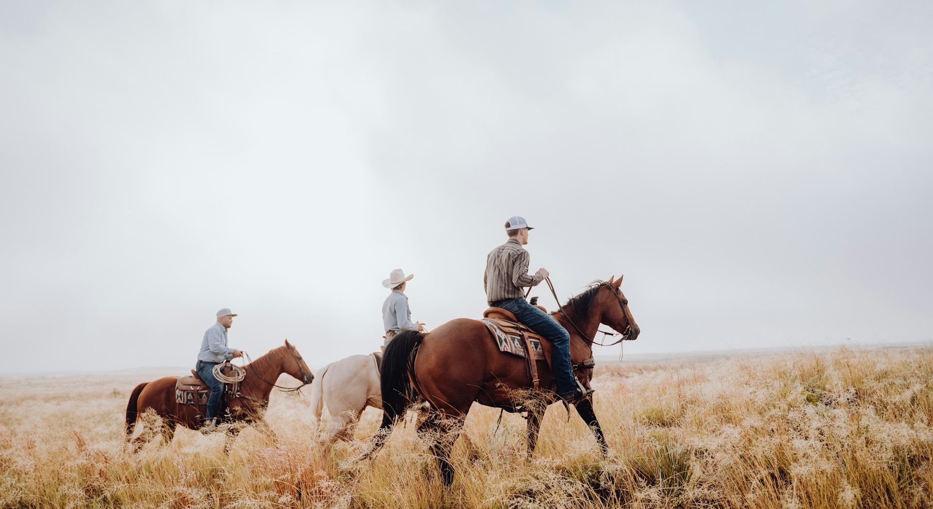 Drei Westernreiter im Morgennebel
